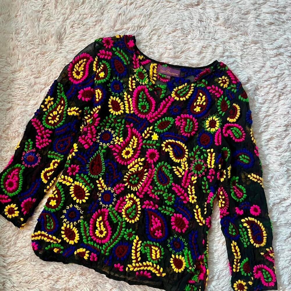 Sweet Sinammon Bright‎ Neon Floral Embroidered Sheer Festival Whimsygoth Blouse